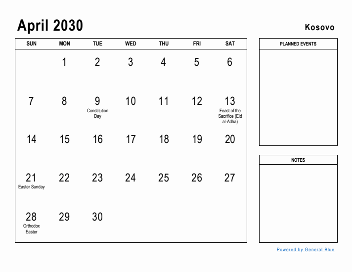 April 2030 Printable Monthly Calendar with Kosovo Holidays