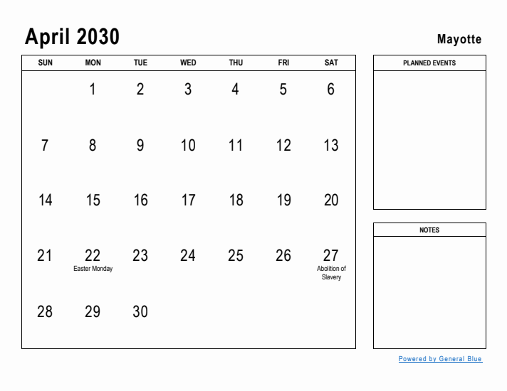 April 2030 Printable Monthly Calendar with Mayotte Holidays