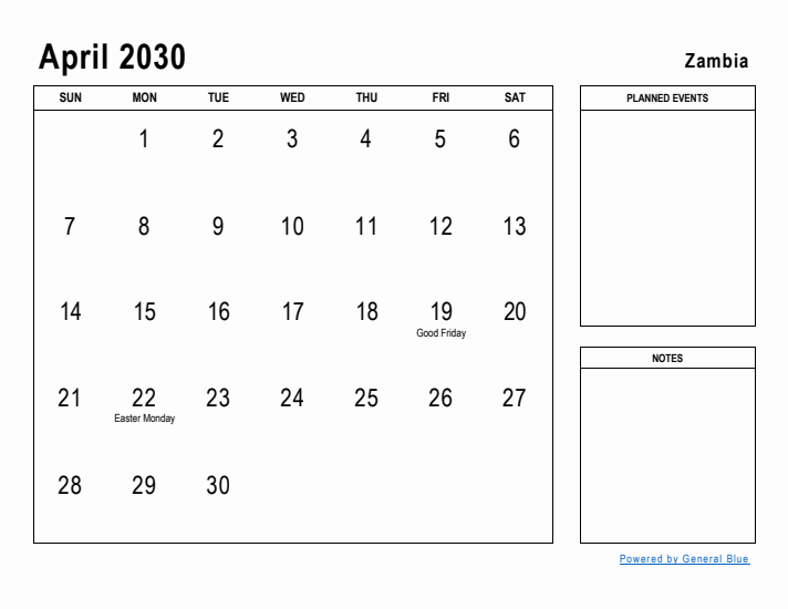 April 2030 Printable Monthly Calendar with Zambia Holidays