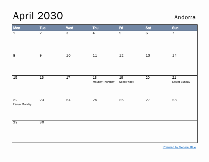 April 2030 Simple Monthly Calendar for Andorra