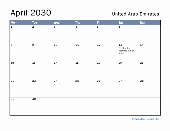 April 2030 Simple Monthly Calendar for United Arab Emirates