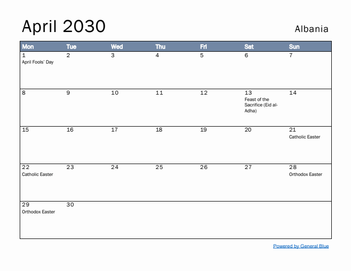 April 2030 Simple Monthly Calendar for Albania