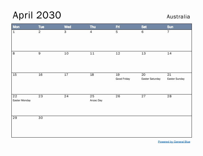 April 2030 Simple Monthly Calendar for Australia