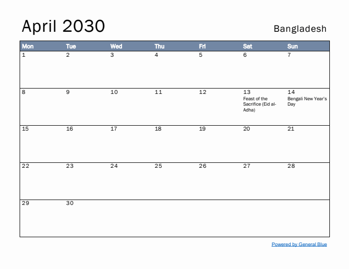 April 2030 Simple Monthly Calendar for Bangladesh