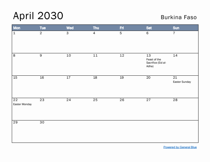 April 2030 Simple Monthly Calendar for Burkina Faso