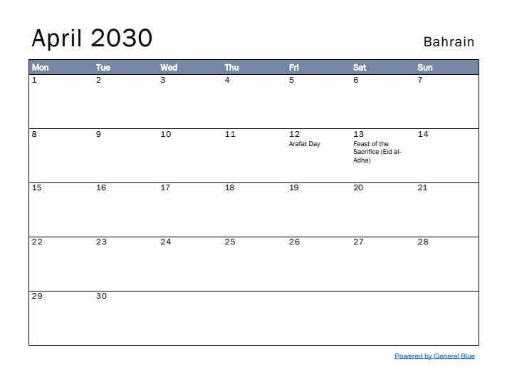 April 2030 Simple Monthly Calendar for Bahrain