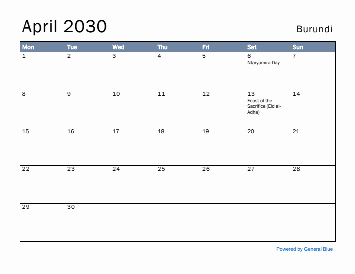 April 2030 Simple Monthly Calendar for Burundi