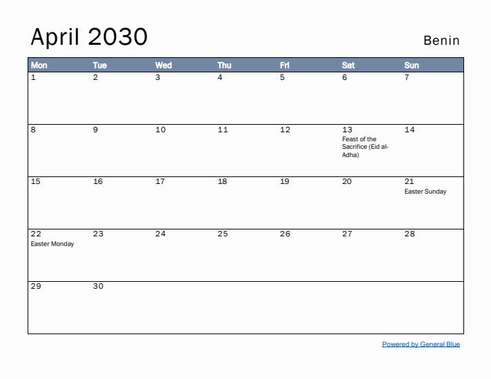 April 2030 Simple Monthly Calendar for Benin