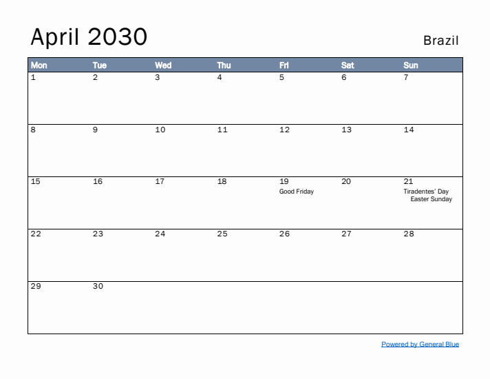 April 2030 Simple Monthly Calendar for Brazil