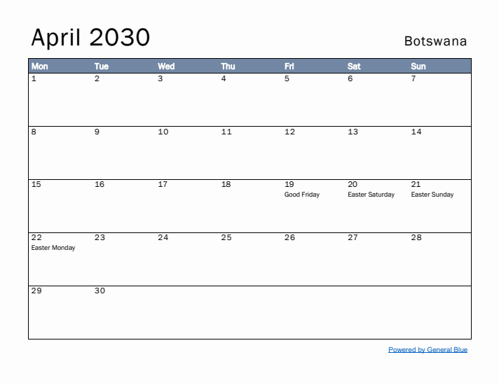 April 2030 Simple Monthly Calendar for Botswana