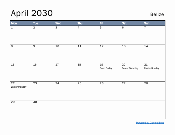 April 2030 Simple Monthly Calendar for Belize