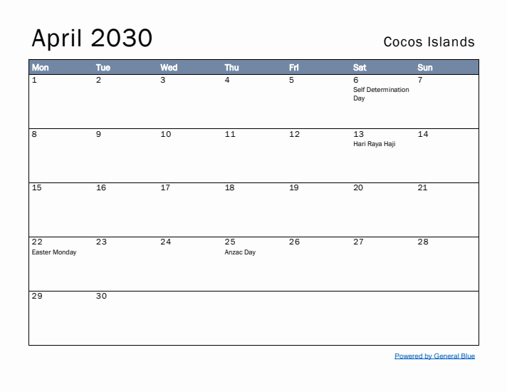 April 2030 Simple Monthly Calendar for Cocos Islands