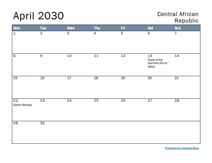 April 2030 Simple Monthly Calendar for Central African Republic