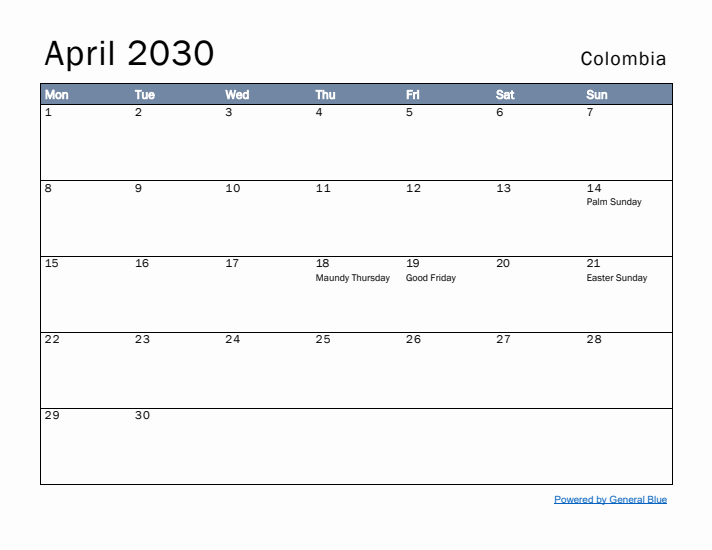 April 2030 Simple Monthly Calendar for Colombia