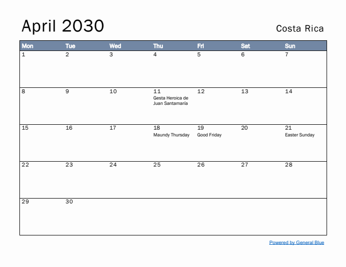 April 2030 Simple Monthly Calendar for Costa Rica