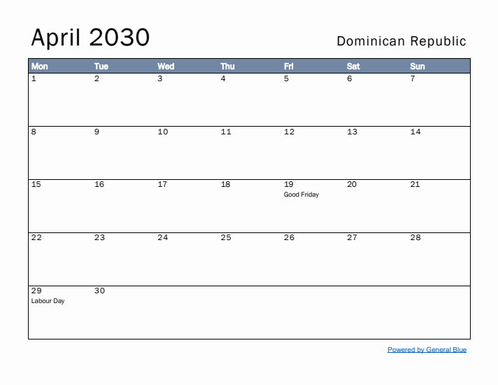 April 2030 Simple Monthly Calendar for Dominican Republic