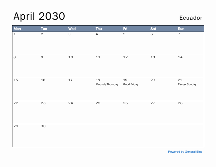 April 2030 Simple Monthly Calendar for Ecuador