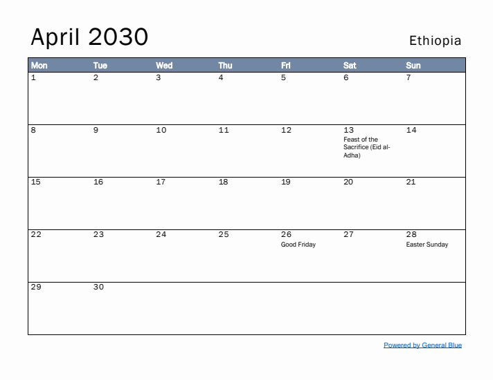 April 2030 Simple Monthly Calendar for Ethiopia