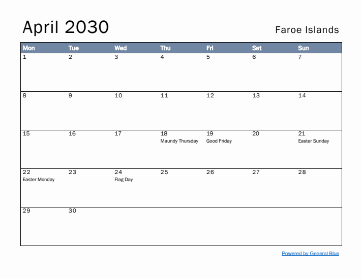 April 2030 Simple Monthly Calendar for Faroe Islands