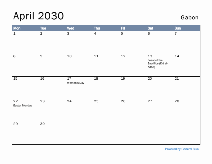 April 2030 Simple Monthly Calendar for Gabon