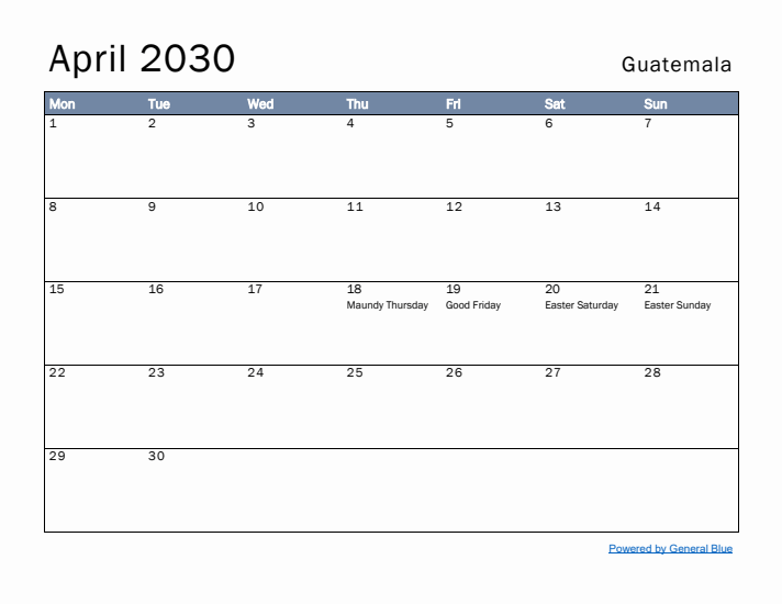 April 2030 Simple Monthly Calendar for Guatemala