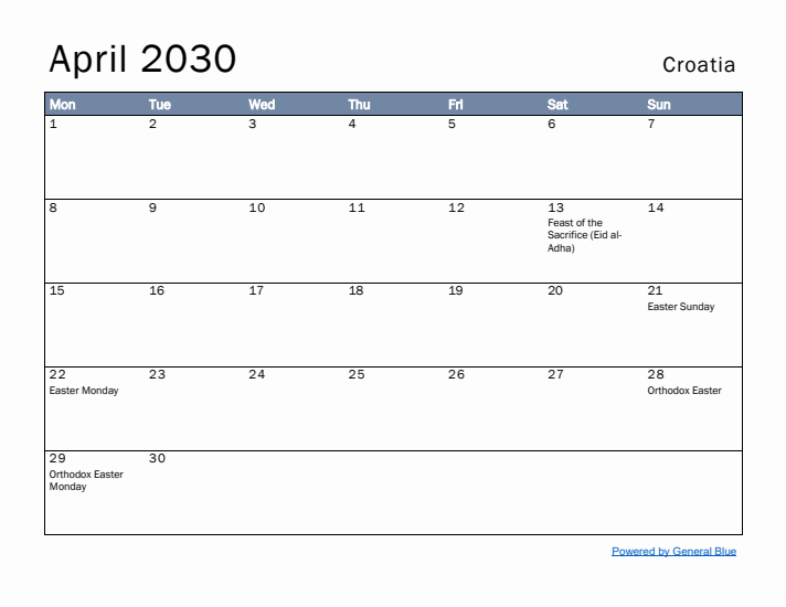 April 2030 Simple Monthly Calendar for Croatia