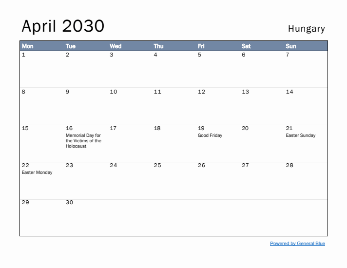 April 2030 Simple Monthly Calendar for Hungary