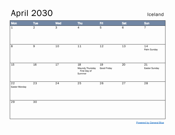 April 2030 Simple Monthly Calendar for Iceland