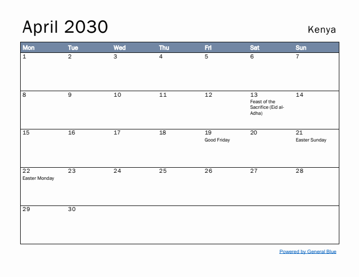 April 2030 Simple Monthly Calendar for Kenya