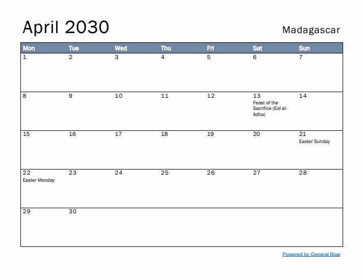 April 2030 Simple Monthly Calendar for Madagascar