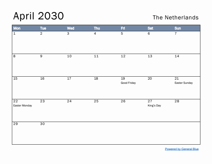 April 2030 Simple Monthly Calendar for The Netherlands