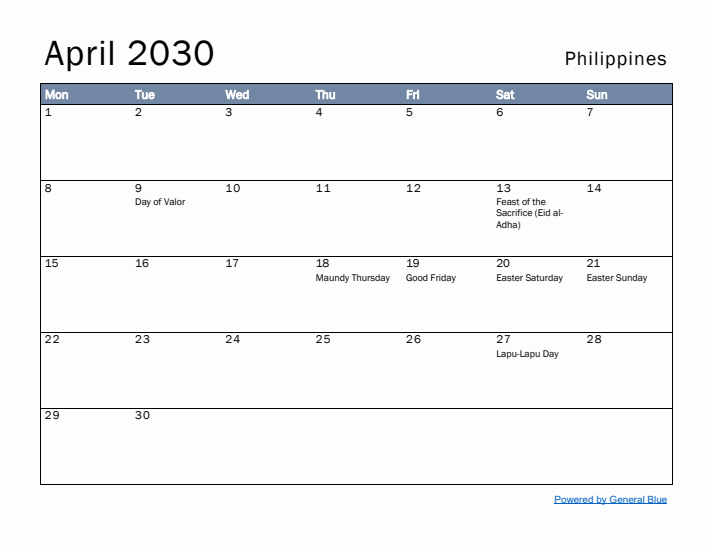 April 2030 Simple Monthly Calendar for Philippines