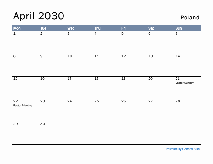 April 2030 Simple Monthly Calendar for Poland