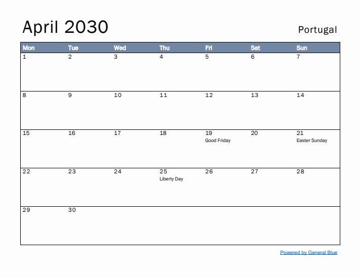 April 2030 Simple Monthly Calendar for Portugal