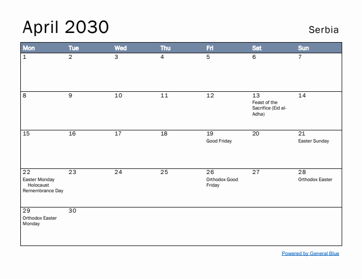 April 2030 Simple Monthly Calendar for Serbia