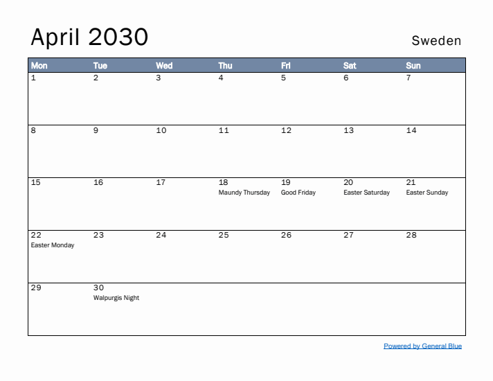 April 2030 Simple Monthly Calendar for Sweden