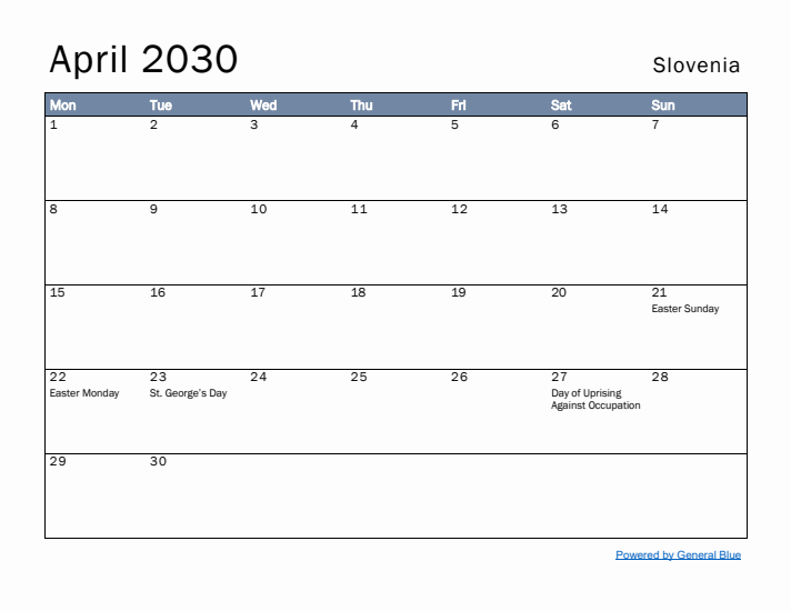 April 2030 Simple Monthly Calendar for Slovenia