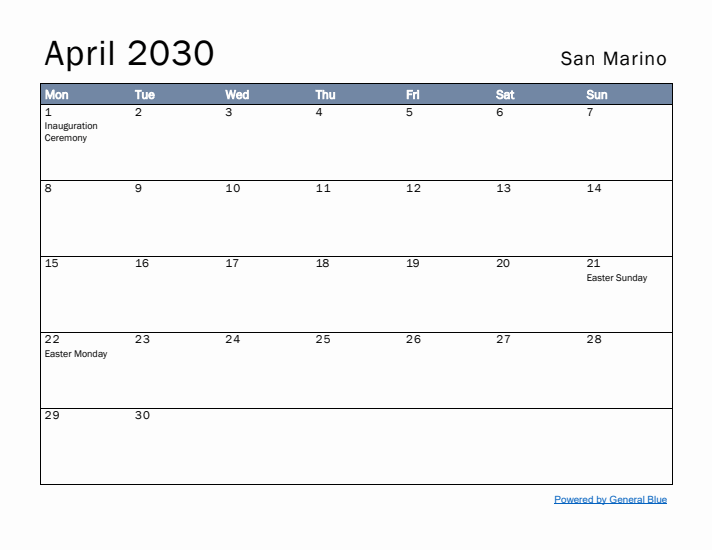 April 2030 Simple Monthly Calendar for San Marino