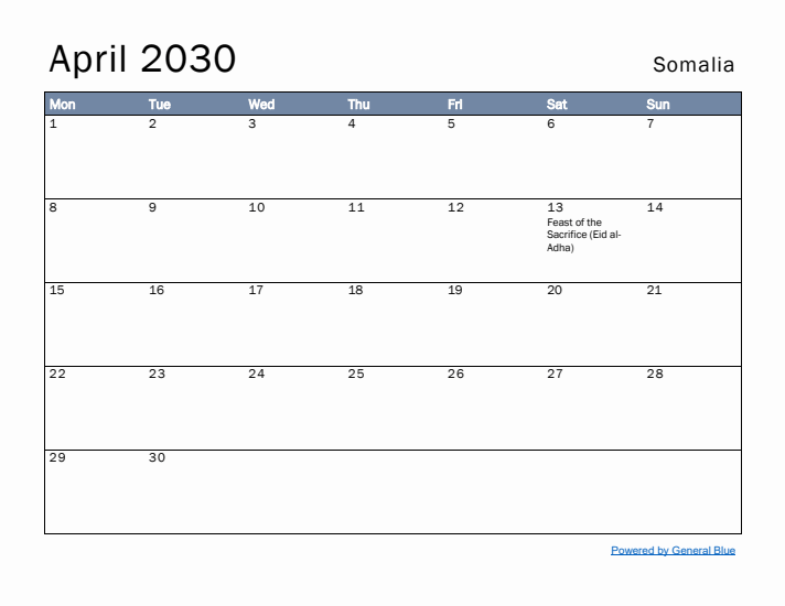 April 2030 Simple Monthly Calendar for Somalia