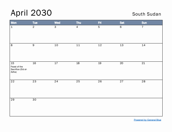 April 2030 Simple Monthly Calendar for South Sudan