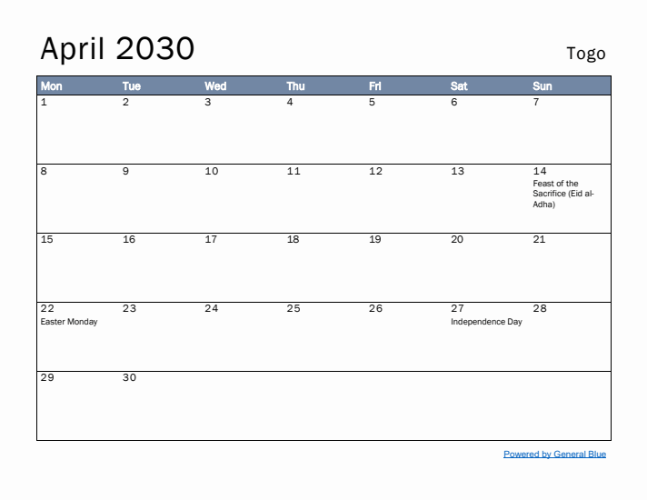 April 2030 Simple Monthly Calendar for Togo