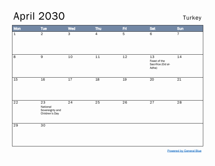 April 2030 Simple Monthly Calendar for Turkey