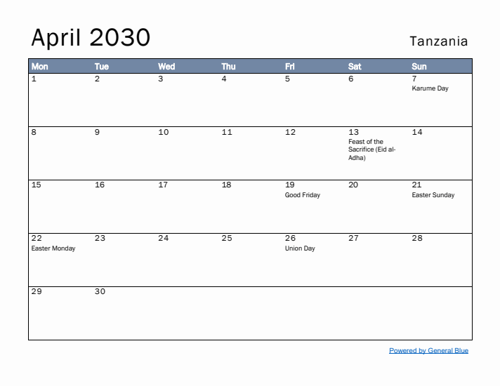 April 2030 Simple Monthly Calendar for Tanzania