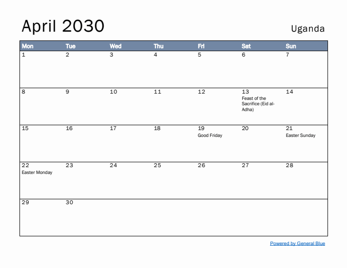 April 2030 Simple Monthly Calendar for Uganda