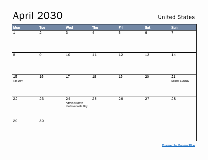 April 2030 Simple Monthly Calendar for United States