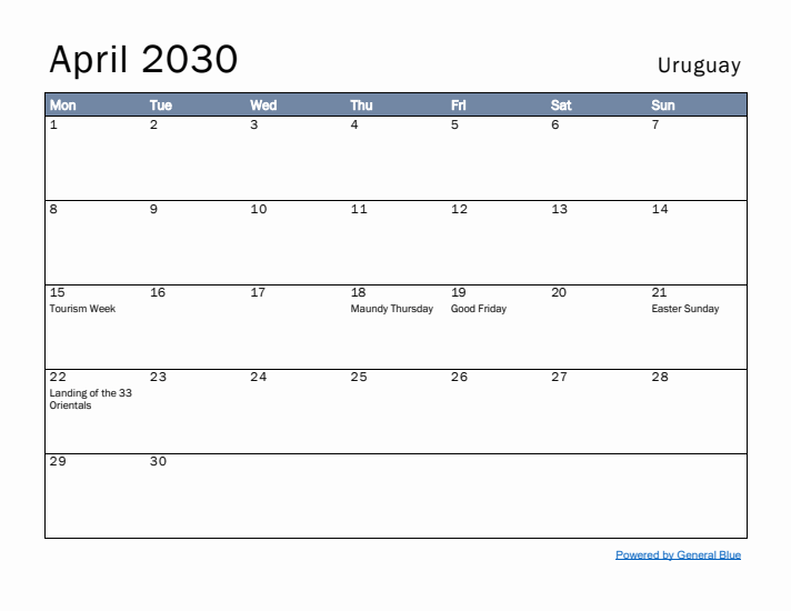 April 2030 Simple Monthly Calendar for Uruguay