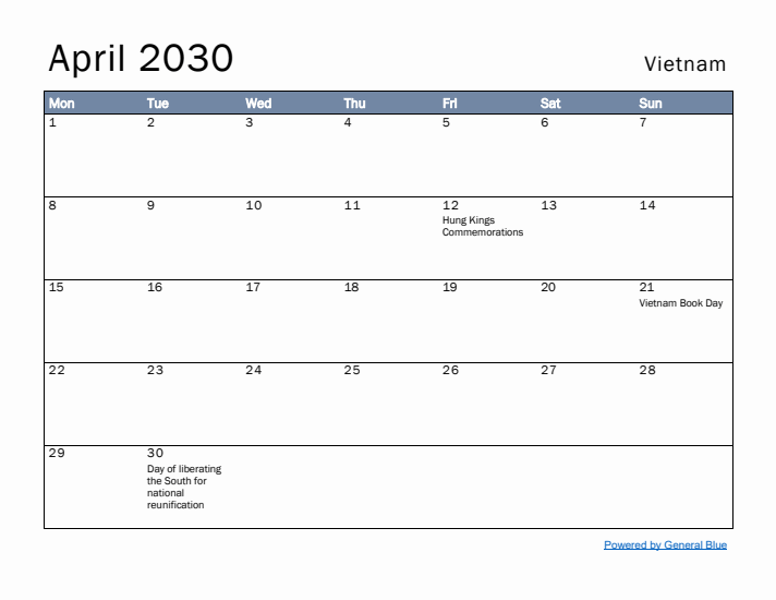 April 2030 Simple Monthly Calendar for Vietnam