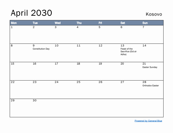 April 2030 Simple Monthly Calendar for Kosovo