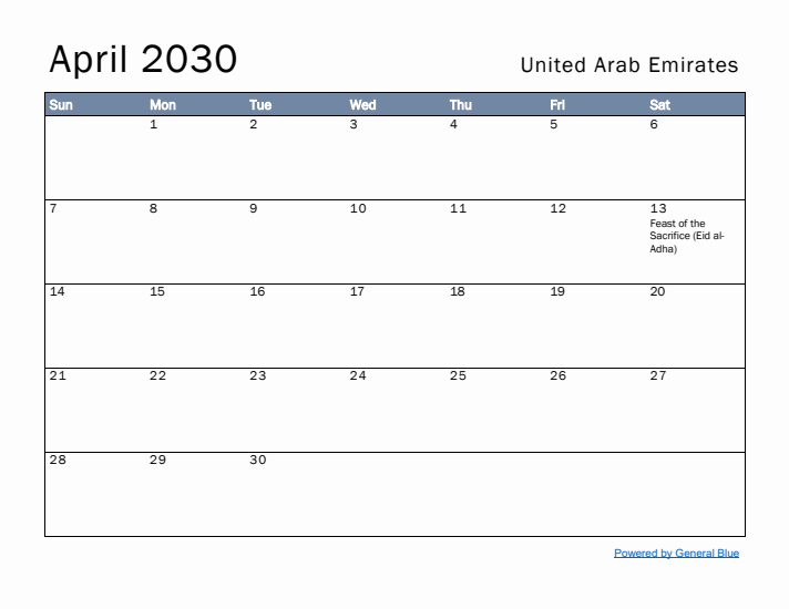 April 2030 Simple Monthly Calendar for United Arab Emirates