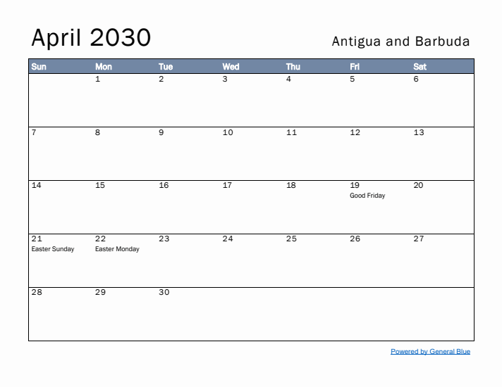 April 2030 Simple Monthly Calendar for Antigua and Barbuda